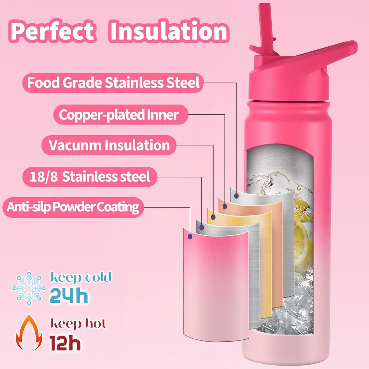 Insulated Stainless Steel Water Bottle with Straw and Lid for Sports, 24 oz, Sweet Peach