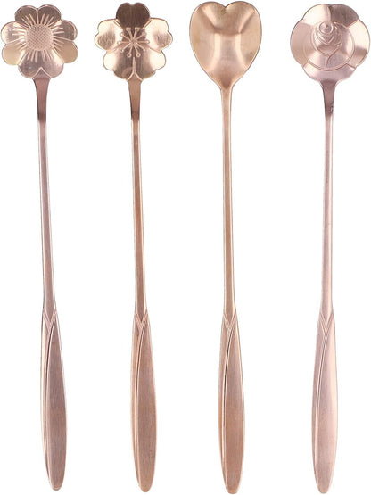 Coffee Spoon Mixing Spoon Desert Scoop Elegant High End Handle Stainless Steel Flower Heart Shaped Tea Spoon for Home Kitchen Coffee Shop Restaurant Party 4PCS Set (Pink Gold)