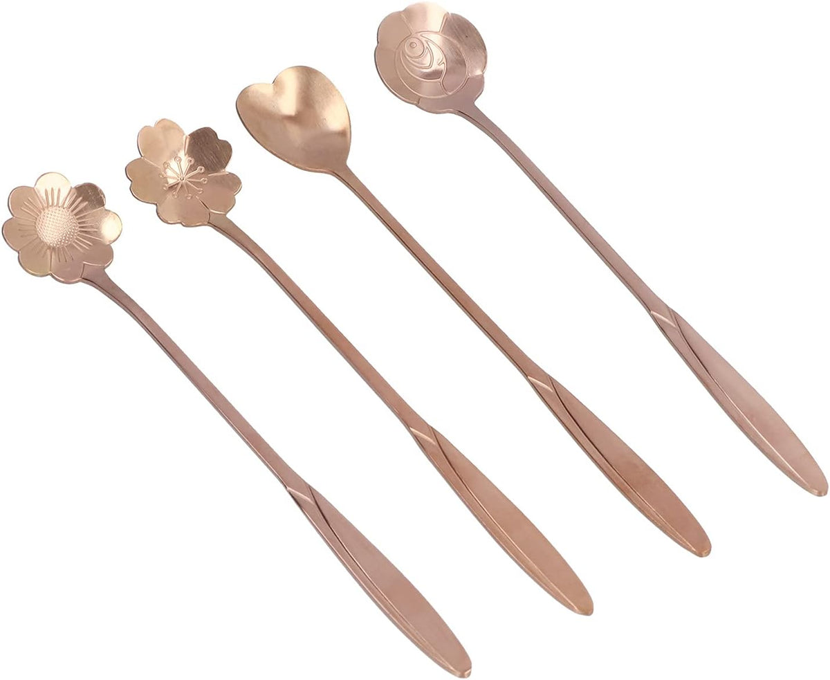 Coffee Spoon Mixing Spoon Desert Scoop Elegant High End Handle Stainless Steel Flower Heart Shaped Tea Spoon for Home Kitchen Coffee Shop Restaurant Party 4PCS Set (Pink Gold)