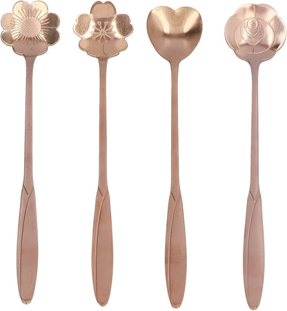 Coffee Spoon Mixing Spoon Desert Scoop Elegant High End Handle Stainless Steel Flower Heart Shaped Tea Spoon for Home Kitchen Coffee Shop Restaurant Party 4PCS Set (Pink Gold)