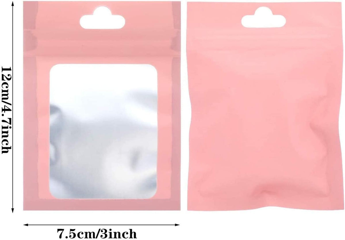 100Pcs Resealable Mylar Ziplock Bags for Food Storage Smell Proof Pouch for Candy Cookies Party Favor (Pink 3 x 4.7 inch)