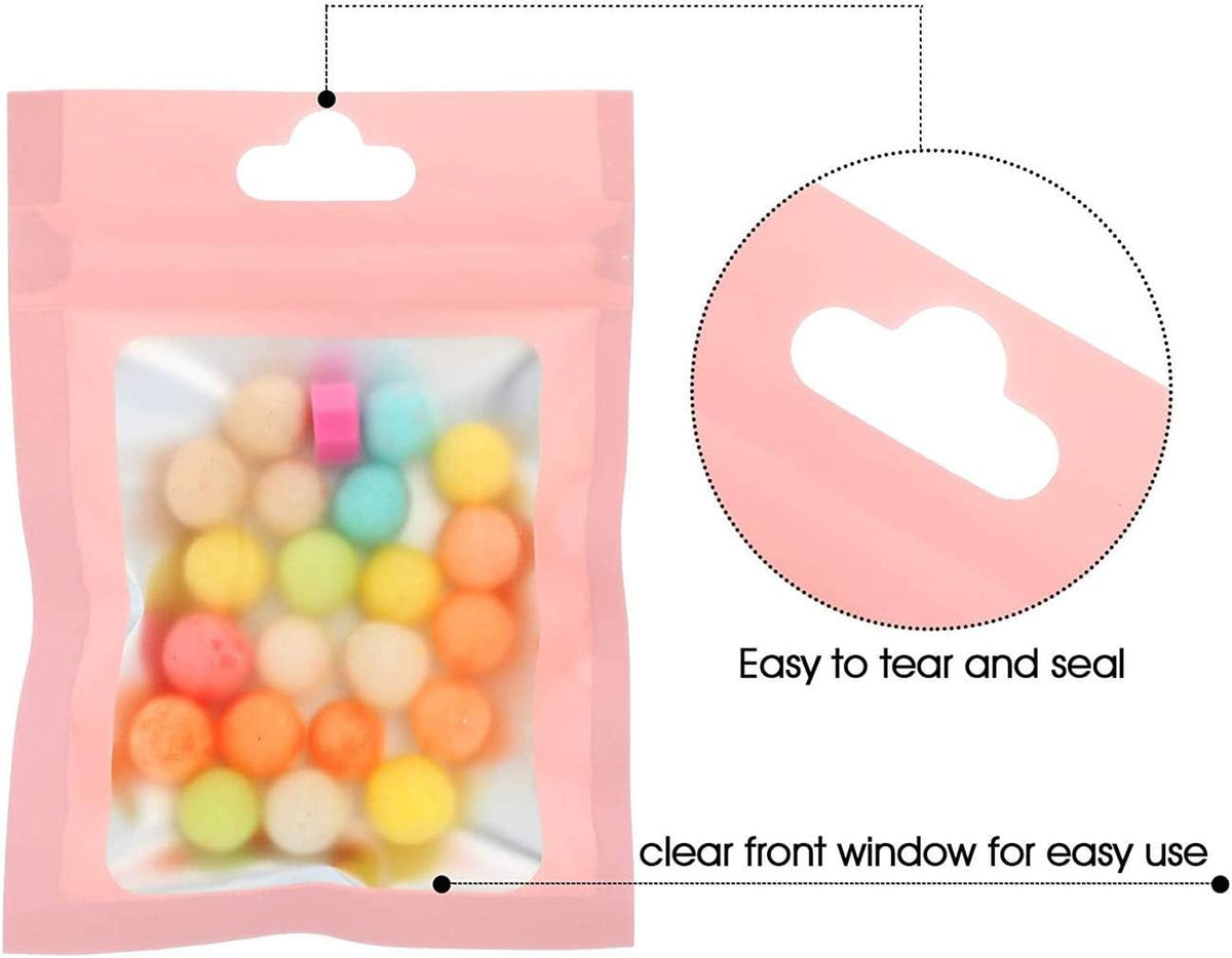 100Pcs Resealable Mylar Ziplock Bags for Food Storage Smell Proof Pouch for Candy Cookies Party Favor (Pink 3 x 4.7 inch)