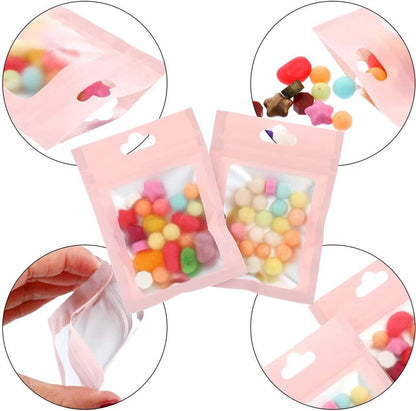100Pcs Resealable Mylar Ziplock Bags for Food Storage Smell Proof Pouch for Candy Cookies Party Favor (Pink 3 x 4.7 inch)