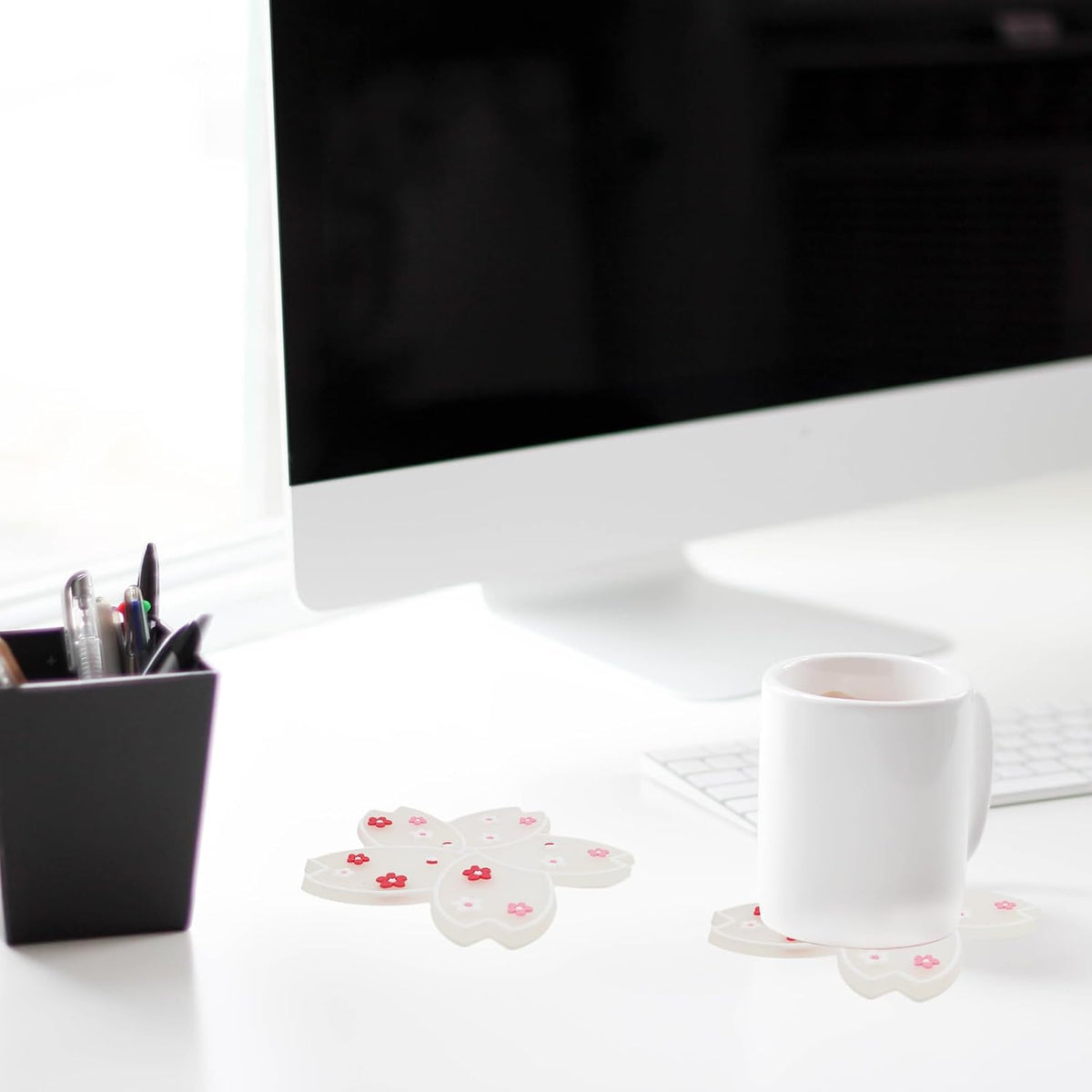 2 PCS Drink Coasters, Cute Coaster for Desk, Heat Resistant Anti-Slip PVC Cup Mat Sakura Cherry Blossom Decor (1 Pink + 1 White)