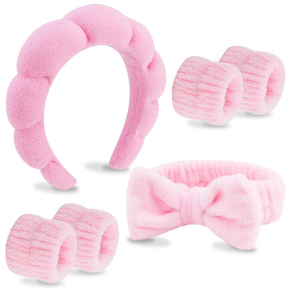 6 Pack Spa Headband, Makeup Headband, Face Wash Headbands, Skincare Headbands, Pink Sponge Hair Band Bow Tie Spa Head Band for Washing Face Wristband Set Hair Accessories for Women Girls