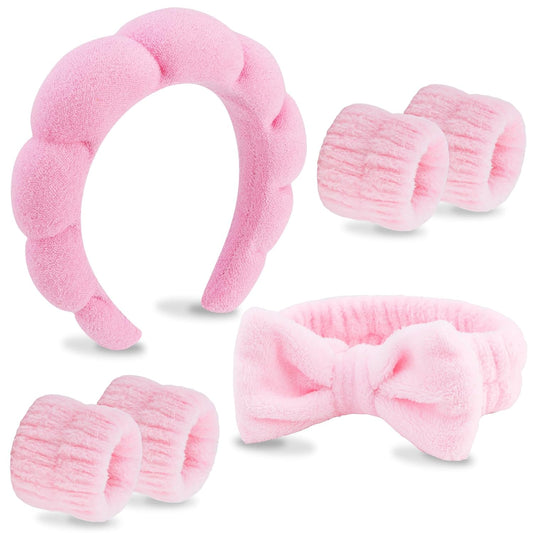 6 Pack Spa Headband, Makeup Headband, Face Wash Headbands, Skincare Headbands, Pink Sponge Hair Band Bow Tie Spa Head Band for Washing Face Wristband Set Hair Accessories for Women Girls