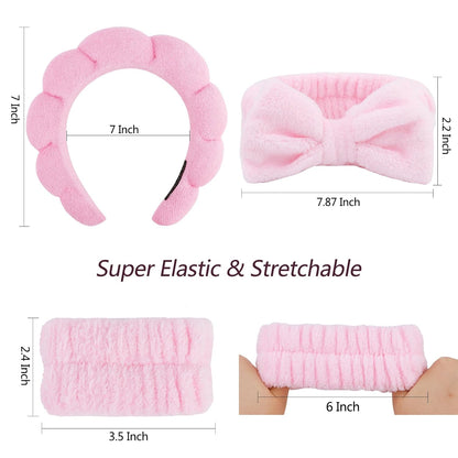 6 Pack Spa Headband, Makeup Headband, Face Wash Headbands, Skincare Headbands, Pink Sponge Hair Band Bow Tie Spa Head Band for Washing Face Wristband Set Hair Accessories for Women Girls