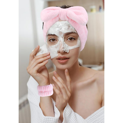 6 Pack Spa Headband, Makeup Headband, Face Wash Headbands, Skincare Headbands, Pink Sponge Hair Band Bow Tie Spa Head Band for Washing Face Wristband Set Hair Accessories for Women Girls