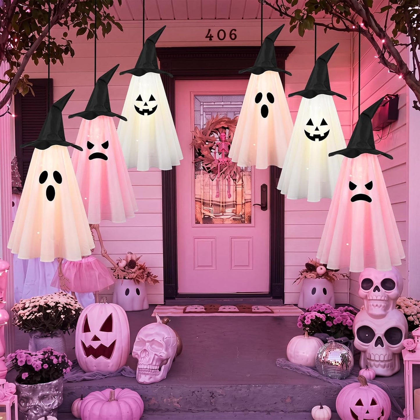 6 Pcs Halloween Ghost Decorations Outdoor Hanging, Pink Halloween Decor