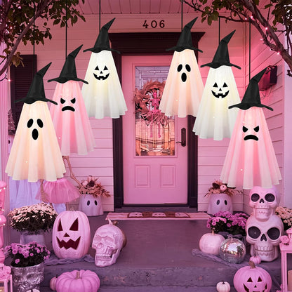 6 Pcs Halloween Ghost Decorations Outdoor Hanging, Pink Halloween Decor