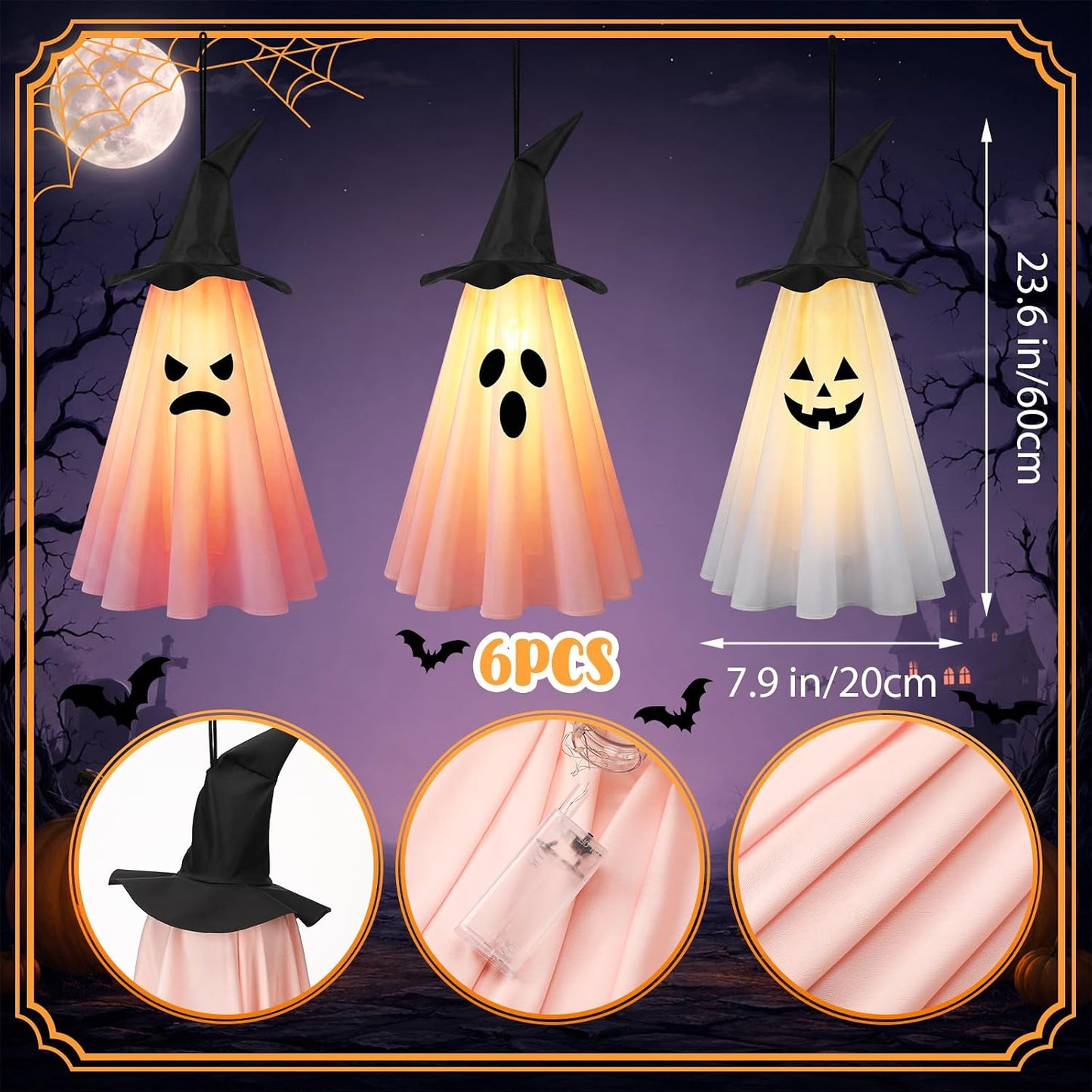 6 Pcs Halloween Ghost Decorations Outdoor Hanging, Pink Halloween Decor