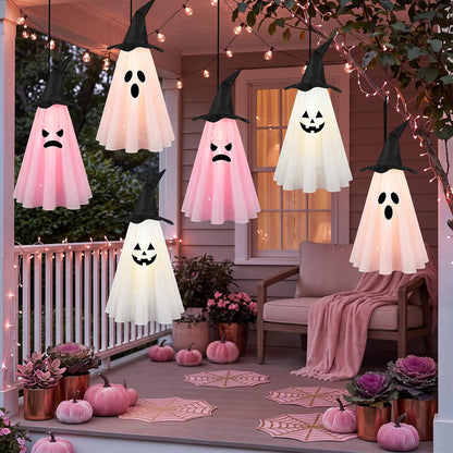 6 Pcs Halloween Ghost Decorations Outdoor Hanging, Pink Halloween Decor