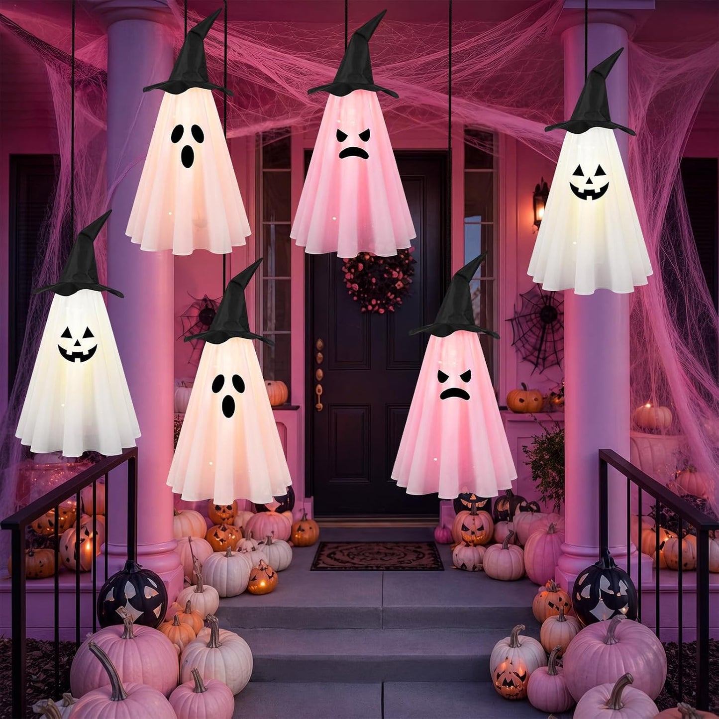 6 Pcs Halloween Ghost Decorations Outdoor Hanging, Pink Halloween Decor