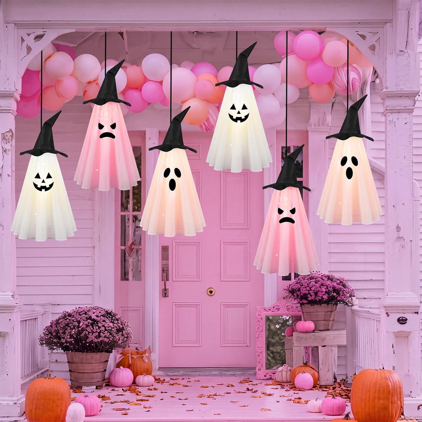 6 Pcs Halloween Ghost Decorations Outdoor Hanging, Pink Halloween Decor