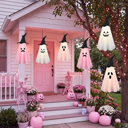 6 Pcs Halloween Ghost Decorations Outdoor Hanging, Pink Halloween Decor