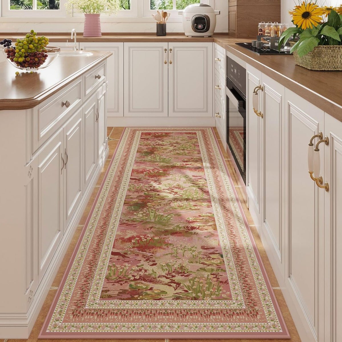 Runner Rug 2x6 Washable Non Slip Vintage Impressionist-Style,Pink