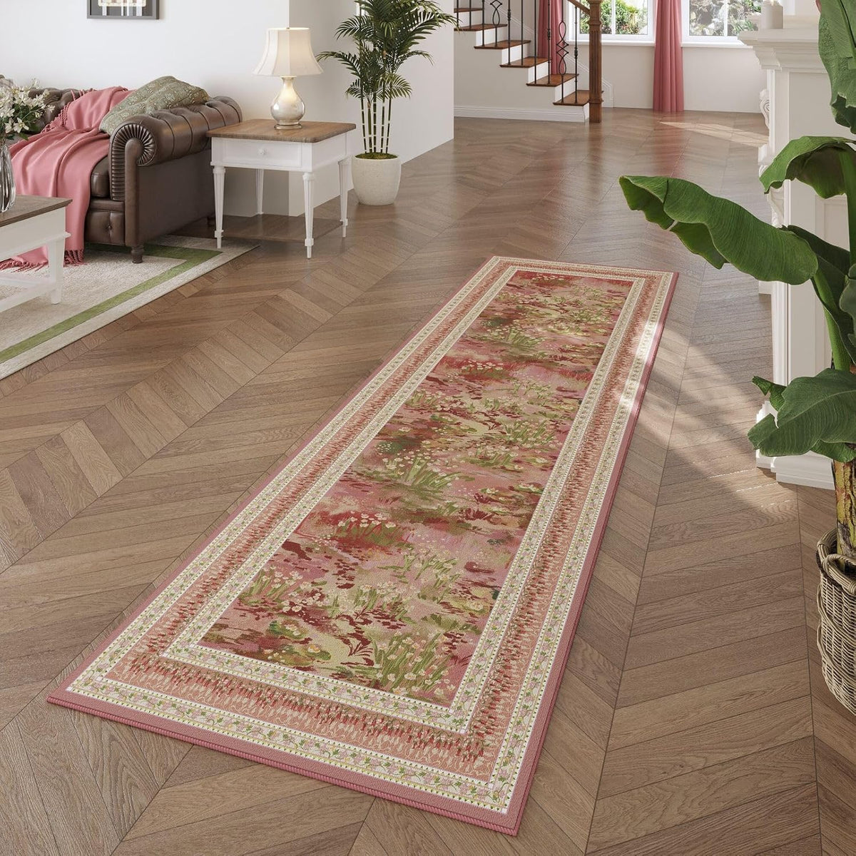 Runner Rug 2x6 Washable Non Slip Vintage Impressionist-Style,Pink