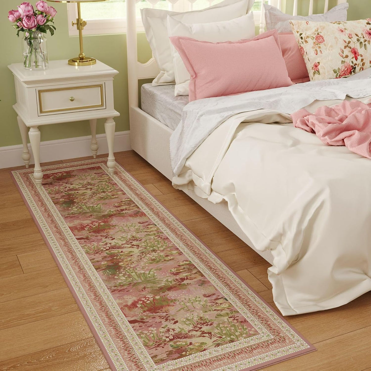 Runner Rug 2x6 Washable Non Slip Vintage Impressionist-Style,Pink