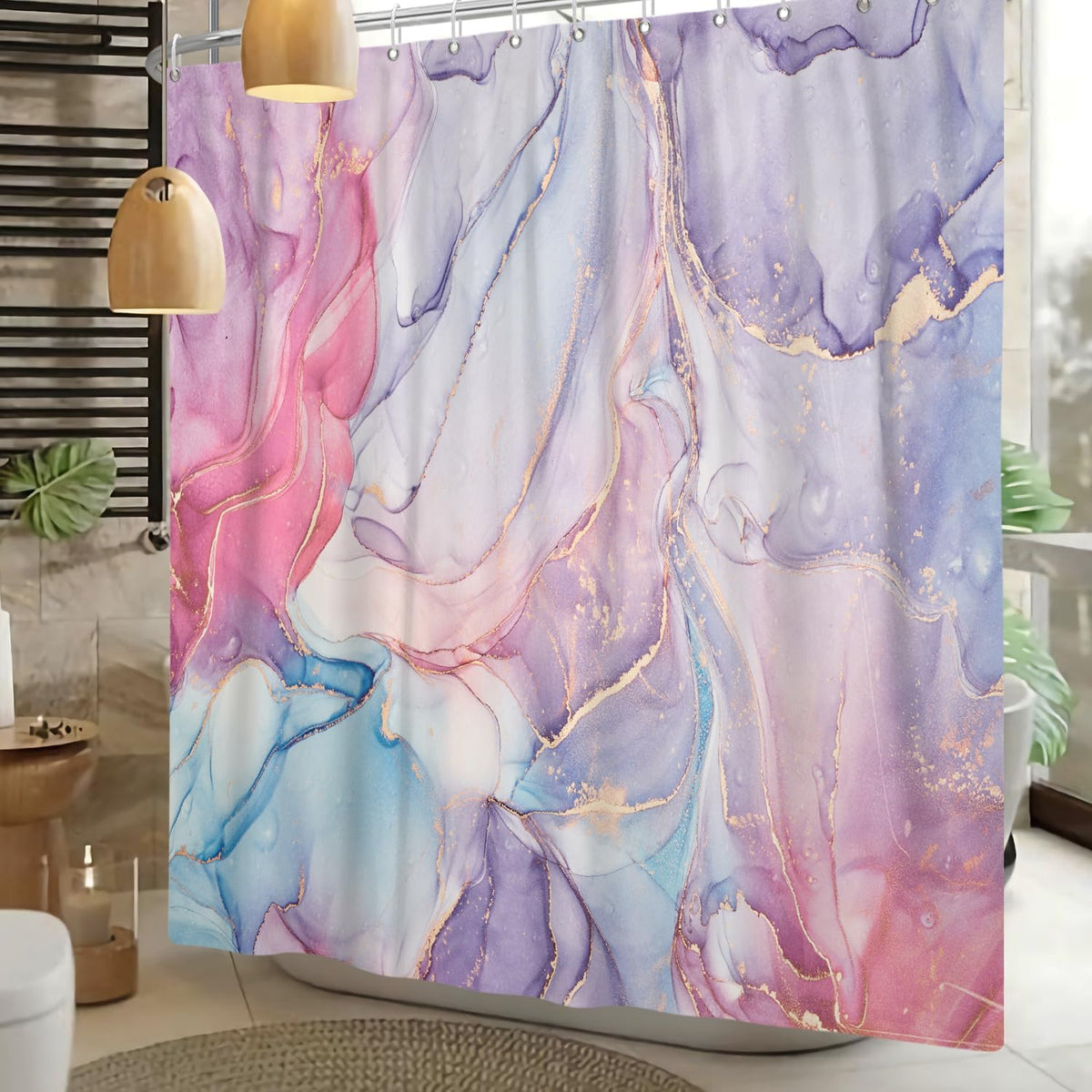 Purple Pink Marble Shower Curtain Abstract Modern Ink Texture Colorful Bathroom Curtain Set Gold Stripes Ombre Art Decor Waterproof Fabric Curtains with Hooks 72x72 inch
