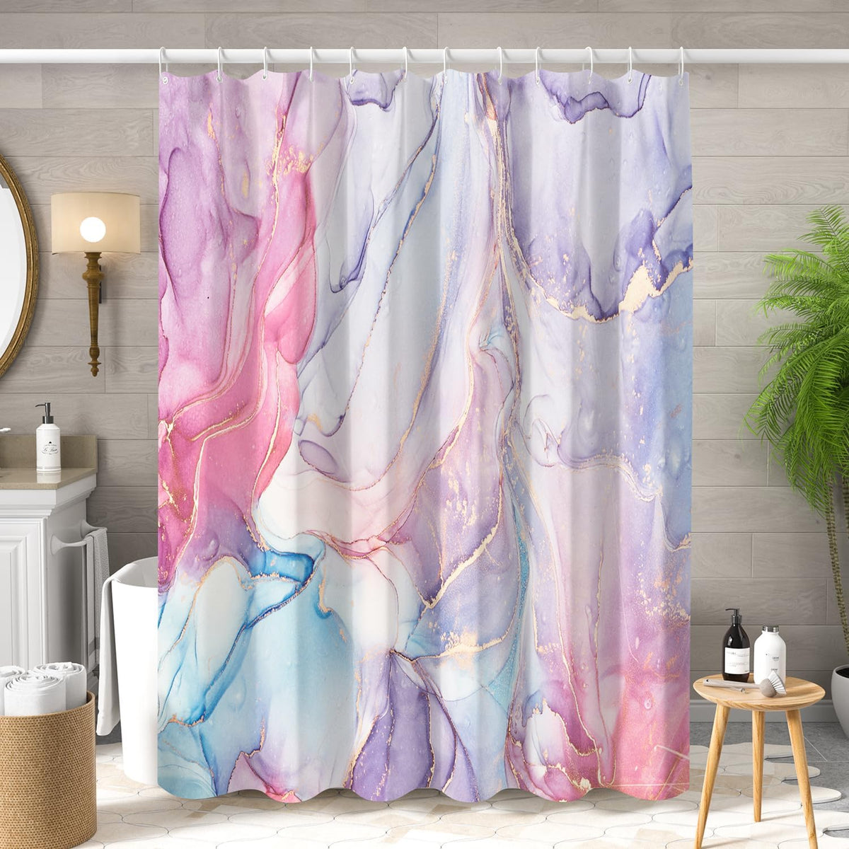 Purple Pink Marble Shower Curtain Abstract Modern Ink Texture Colorful Bathroom Curtain Set Gold Stripes Ombre Art Decor Waterproof Fabric Curtains with Hooks 72x72 inch