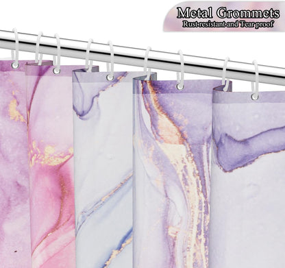 Purple Pink Marble Shower Curtain Abstract Modern Ink Texture Colorful Bathroom Curtain Set Gold Stripes Ombre Art Decor Waterproof Fabric Curtains with Hooks 72x72 inch