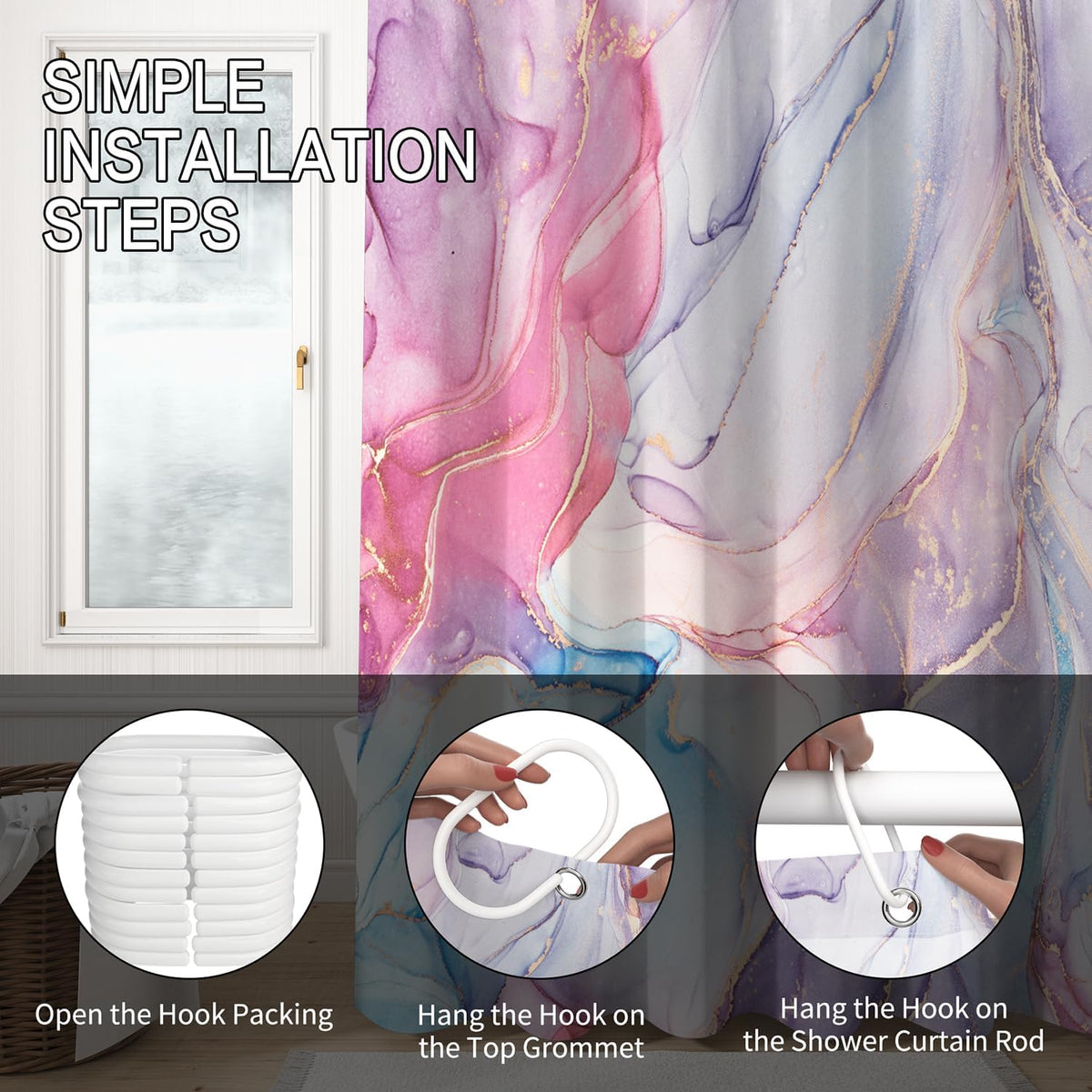 Purple Pink Marble Shower Curtain Abstract Modern Ink Texture Colorful Bathroom Curtain Set Gold Stripes Ombre Art Decor Waterproof Fabric Curtains with Hooks 72x72 inch