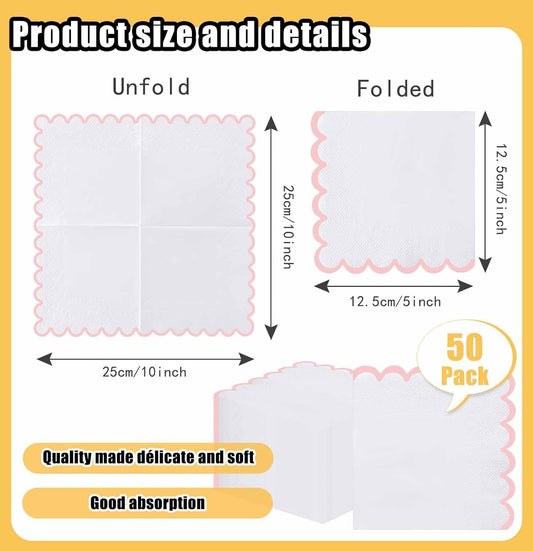 50 Pieces 3-ply Light Pink Scalloped Napkins Folded 5 x 5 Inches Disposable Paper Napkin Cocktail Napkins for Dinner Wedding Birthday Party