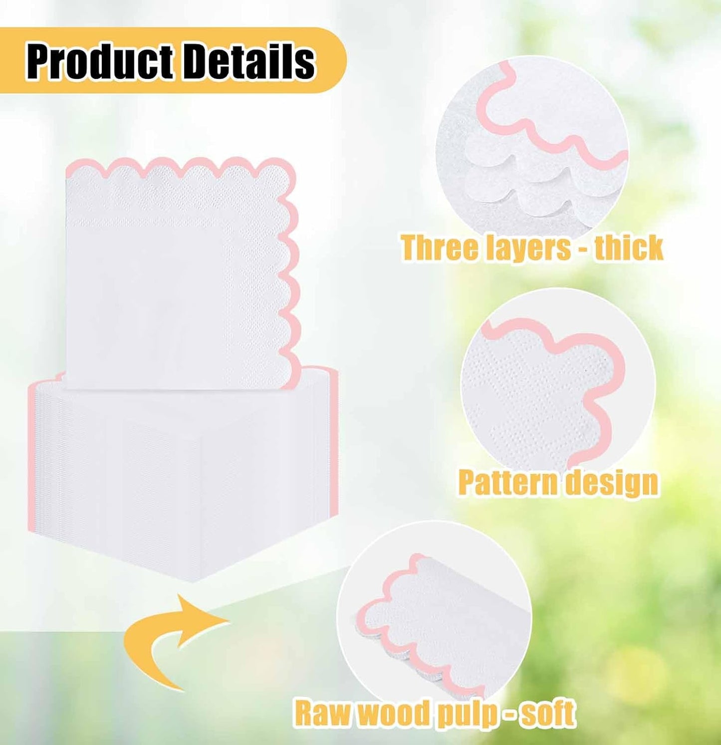 50 Pieces 3-ply Light Pink Scalloped Napkins Folded 5 x 5 Inches Disposable Paper Napkin Cocktail Napkins for Dinner Wedding Birthday Party
