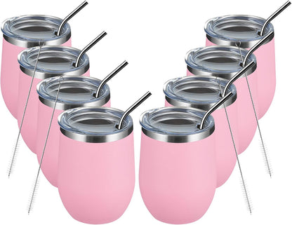 12 OZ/8 Pack Wine Tumbler Glasses with Lid - Stemless Double Wall Vacuum Stainless Steel Travel Tumbler - Keeping Cold & Hot for Wine,Coffee,Cocktails,Drinks-Family and Gifts (Pink,Set of 8)