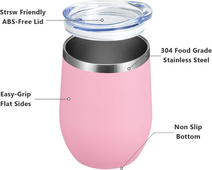 12 OZ/8 Pack Wine Tumbler Glasses with Lid - Stemless Double Wall Vacuum Stainless Steel Travel Tumbler - Keeping Cold & Hot for Wine,Coffee,Cocktails,Drinks-Family and Gifts (Pink,Set of 8)