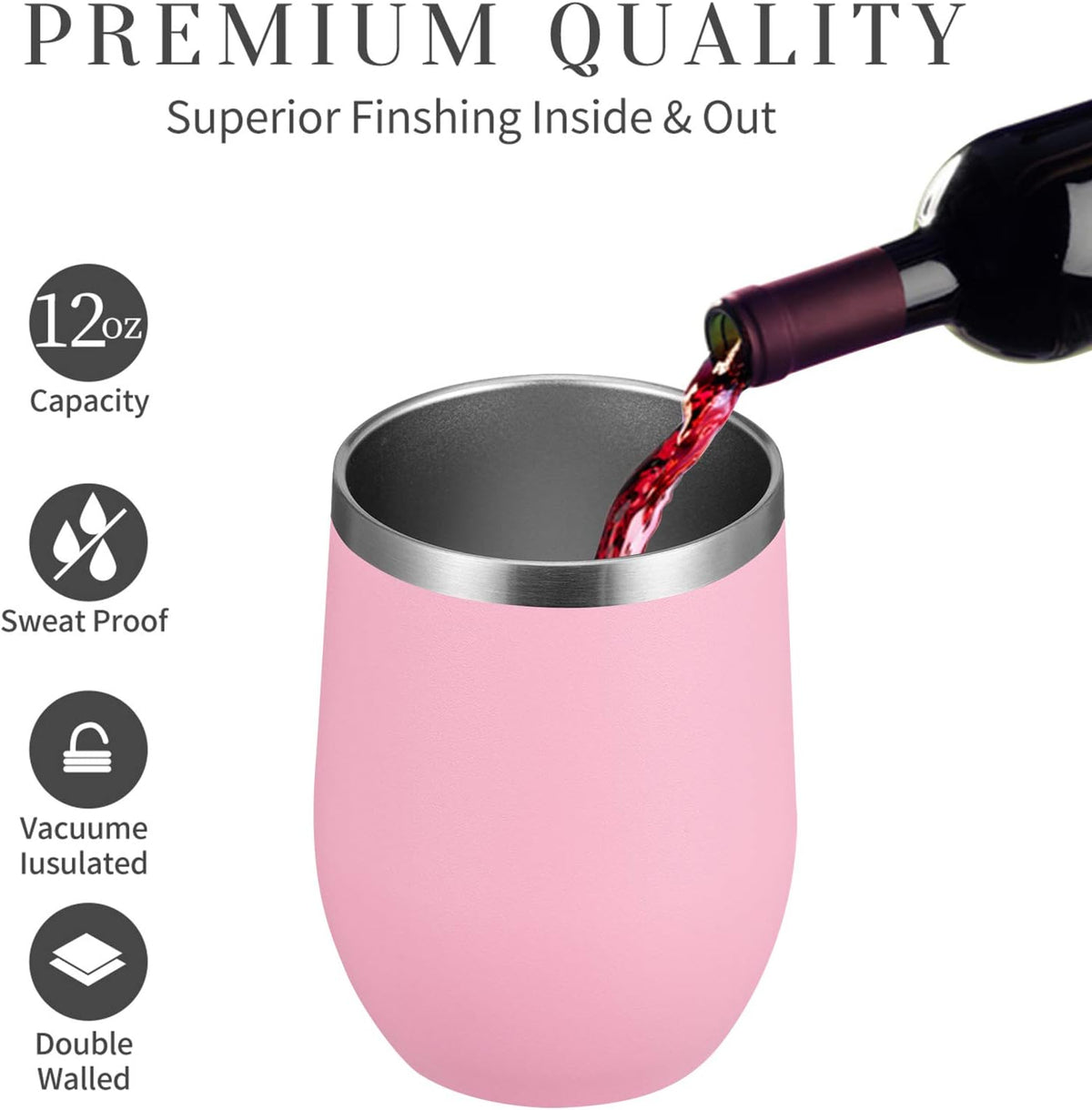 12 OZ/8 Pack Wine Tumbler Glasses with Lid - Stemless Double Wall Vacuum Stainless Steel Travel Tumbler - Keeping Cold & Hot for Wine,Coffee,Cocktails,Drinks-Family and Gifts (Pink,Set of 8)