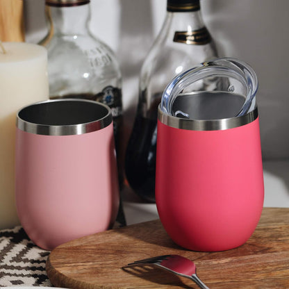 12 OZ/8 Pack Wine Tumbler Glasses with Lid - Stemless Double Wall Vacuum Stainless Steel Travel Tumbler - Keeping Cold & Hot for Wine,Coffee,Cocktails,Drinks-Family and Gifts (Pink,Set of 8)