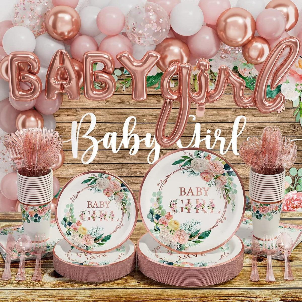 Baby Shower Decorations for Girl - 249 PCS Baby Girl Gender Reveal Party Supplies & Disposable Dinnerware Set (25 Guest) with Pink Rose Gold Floral Paper Plates Backdrop Tablecloth Balloon Kit