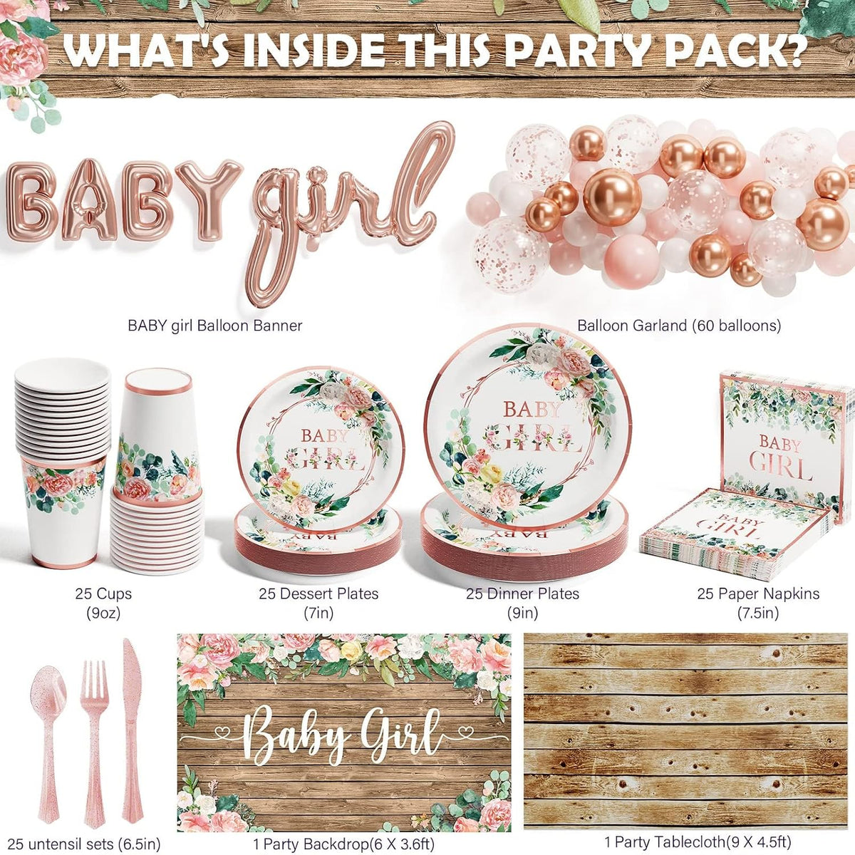 Baby Shower Decorations for Girl - 249 PCS Baby Girl Gender Reveal Party Supplies & Disposable Dinnerware Set (25 Guest) with Pink Rose Gold Floral Paper Plates Backdrop Tablecloth Balloon Kit