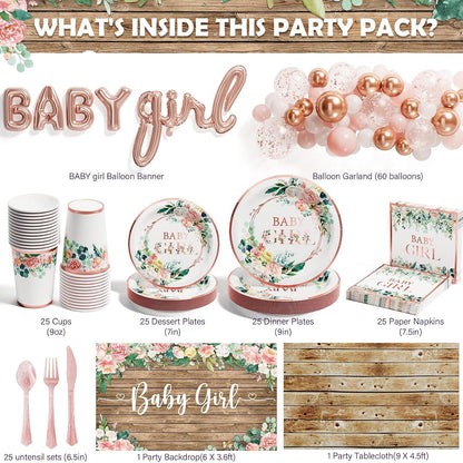 Baby Shower Decorations for Girl - 249 PCS Baby Girl Gender Reveal Party Supplies & Disposable Dinnerware Set (25 Guest) with Pink Rose Gold Floral Paper Plates Backdrop Tablecloth Balloon Kit