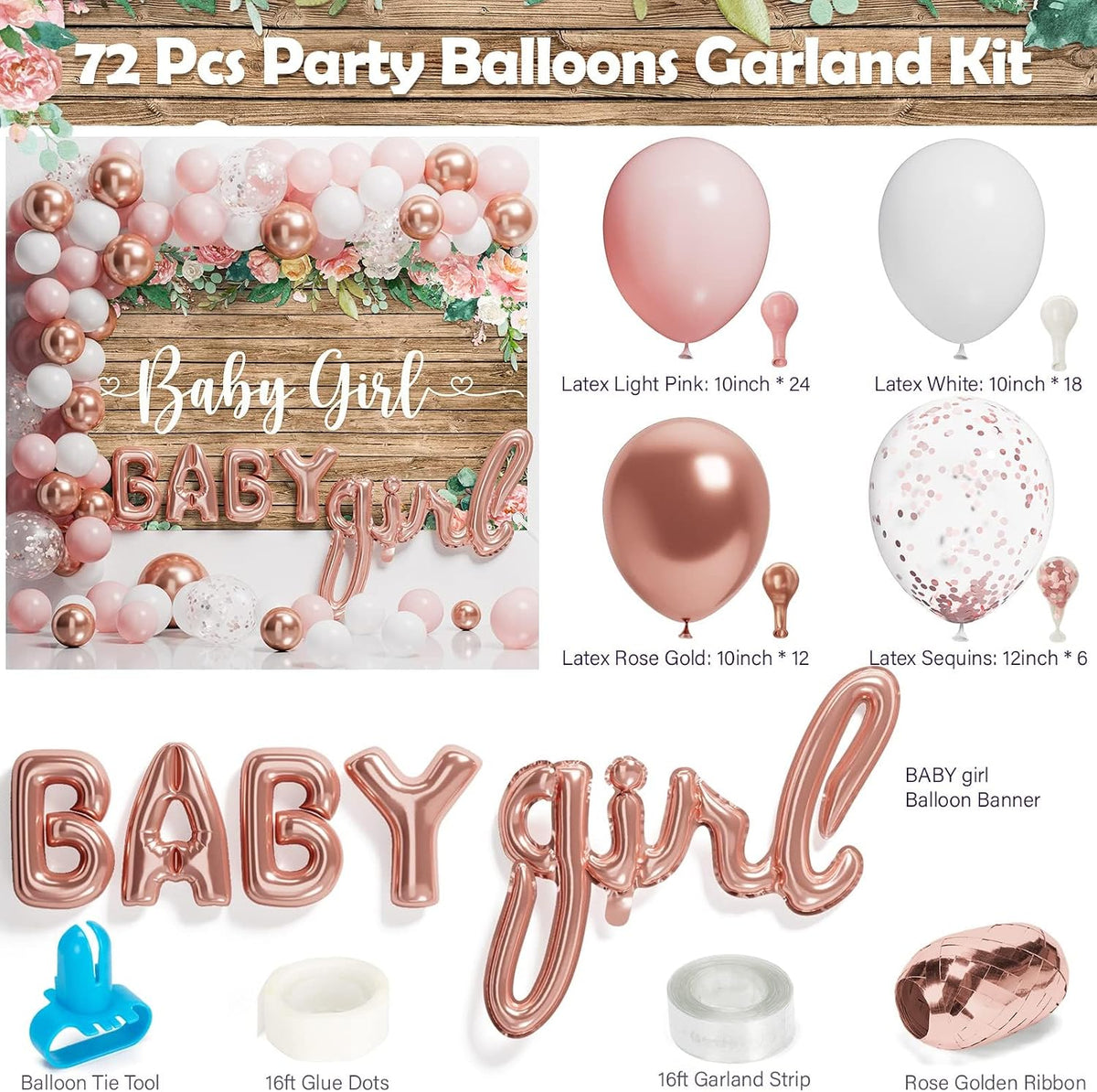 Baby Shower Decorations for Girl - 249 PCS Baby Girl Gender Reveal Party Supplies & Disposable Dinnerware Set (25 Guest) with Pink Rose Gold Floral Paper Plates Backdrop Tablecloth Balloon Kit