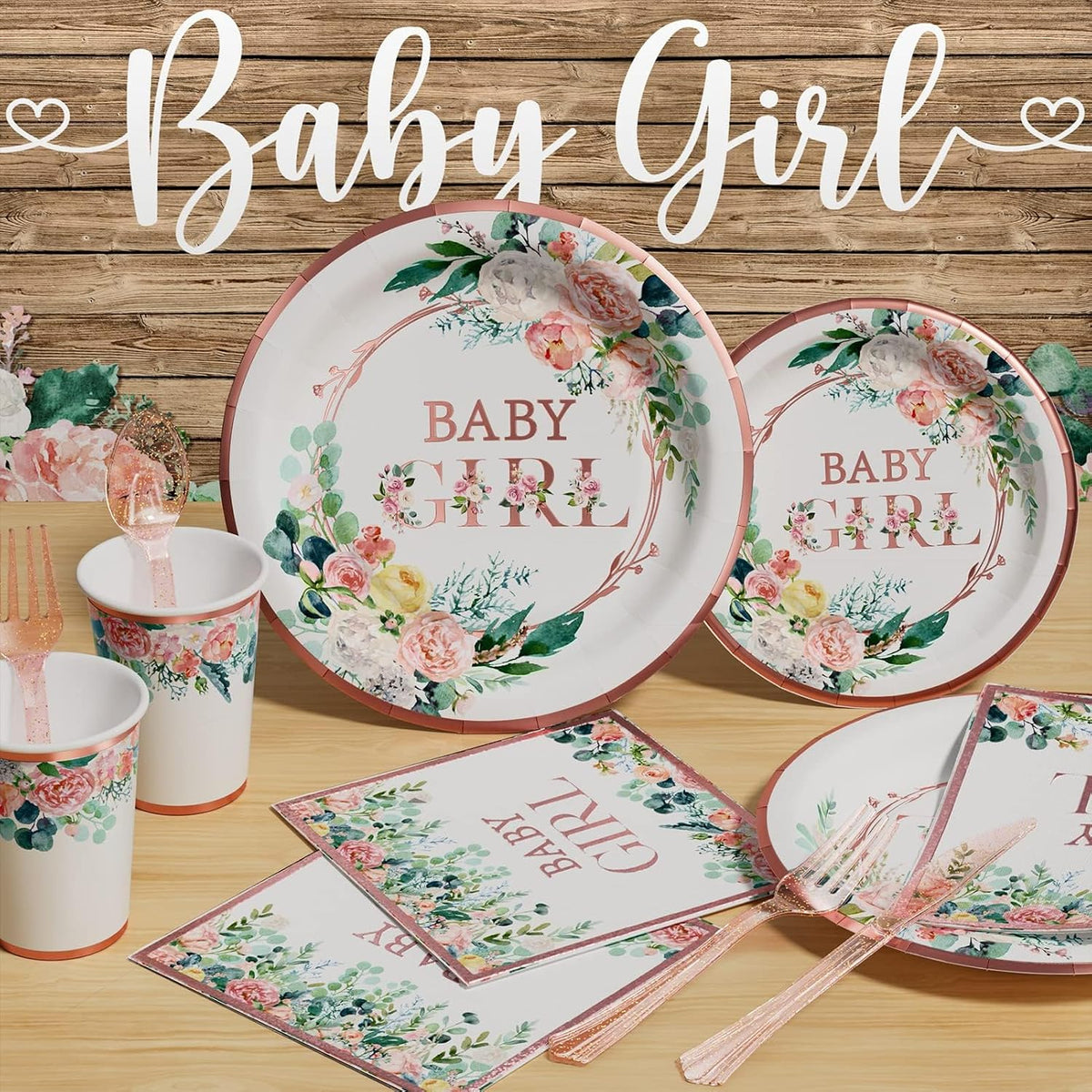 Baby Shower Decorations for Girl - 249 PCS Baby Girl Gender Reveal Party Supplies & Disposable Dinnerware Set (25 Guest) with Pink Rose Gold Floral Paper Plates Backdrop Tablecloth Balloon Kit