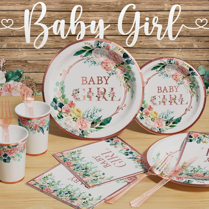 Baby Shower Decorations for Girl - 249 PCS Baby Girl Gender Reveal Party Supplies & Disposable Dinnerware Set (25 Guest) with Pink Rose Gold Floral Paper Plates Backdrop Tablecloth Balloon Kit