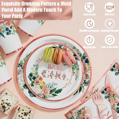 Baby Shower Decorations for Girl - 249 PCS Baby Girl Gender Reveal Party Supplies & Disposable Dinnerware Set (25 Guest) with Pink Rose Gold Floral Paper Plates Backdrop Tablecloth Balloon Kit