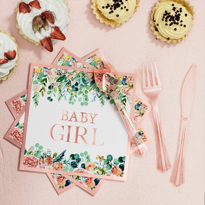 Baby Shower Decorations for Girl - 249 PCS Baby Girl Gender Reveal Party Supplies & Disposable Dinnerware Set (25 Guest) with Pink Rose Gold Floral Paper Plates Backdrop Tablecloth Balloon Kit