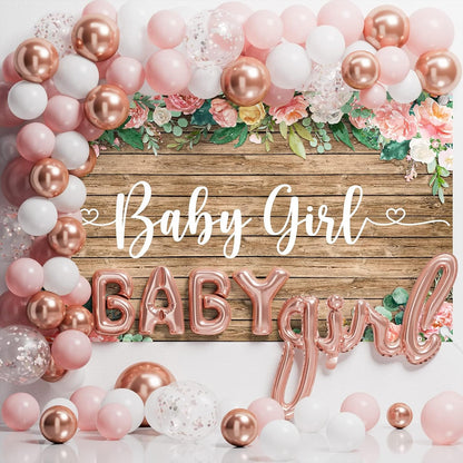 Baby Shower Decorations for Girl - 249 PCS Baby Girl Gender Reveal Party Supplies & Disposable Dinnerware Set (25 Guest) with Pink Rose Gold Floral Paper Plates Backdrop Tablecloth Balloon Kit