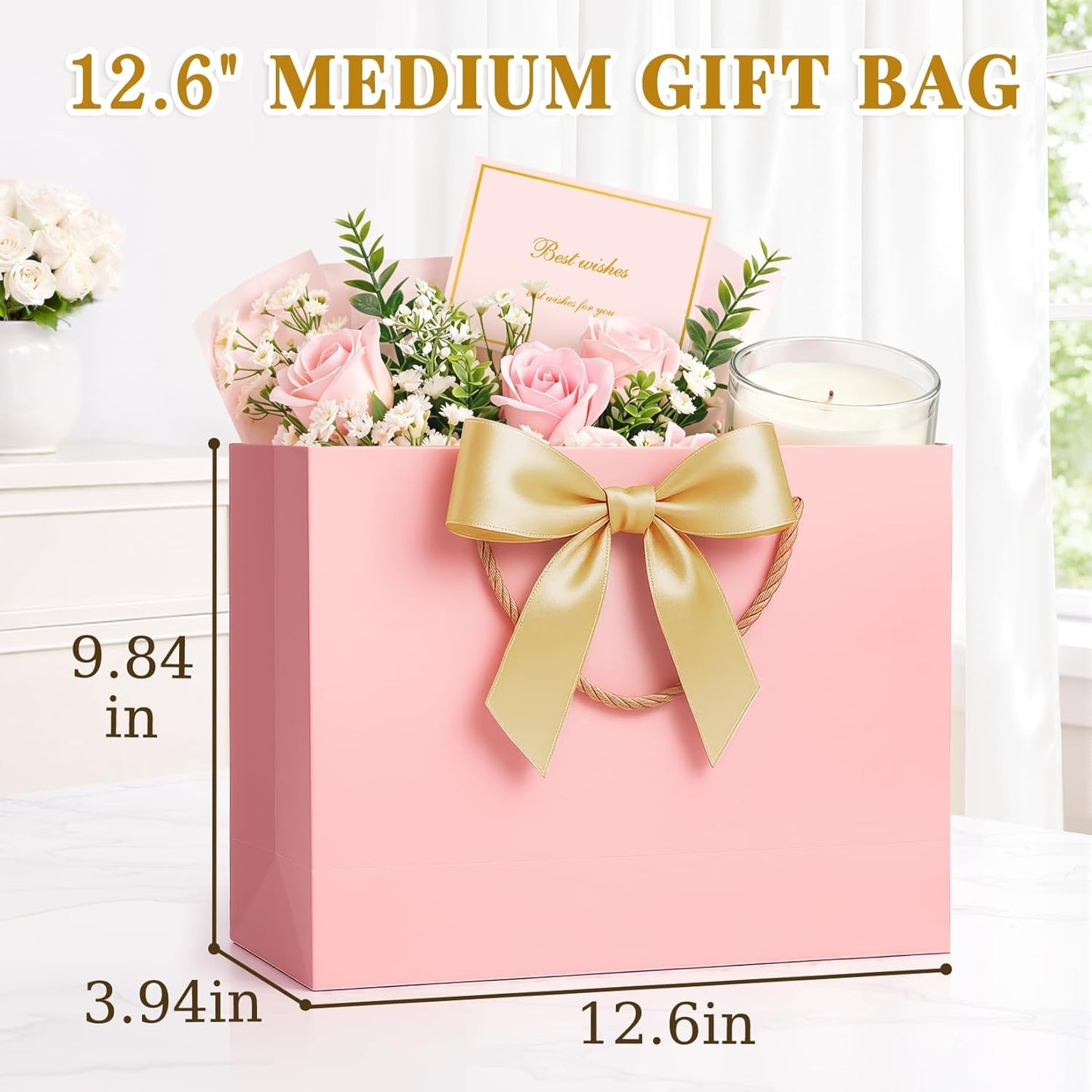 2PCS Gift Bags for Women Pink & Beige, Medium Gift Bags with Handles 4 Tissue Paper 2 Ribbons 2 Cards for Her Wedding Graduation Birthday Engagement Bridal Baby Shower Party Favors Presents