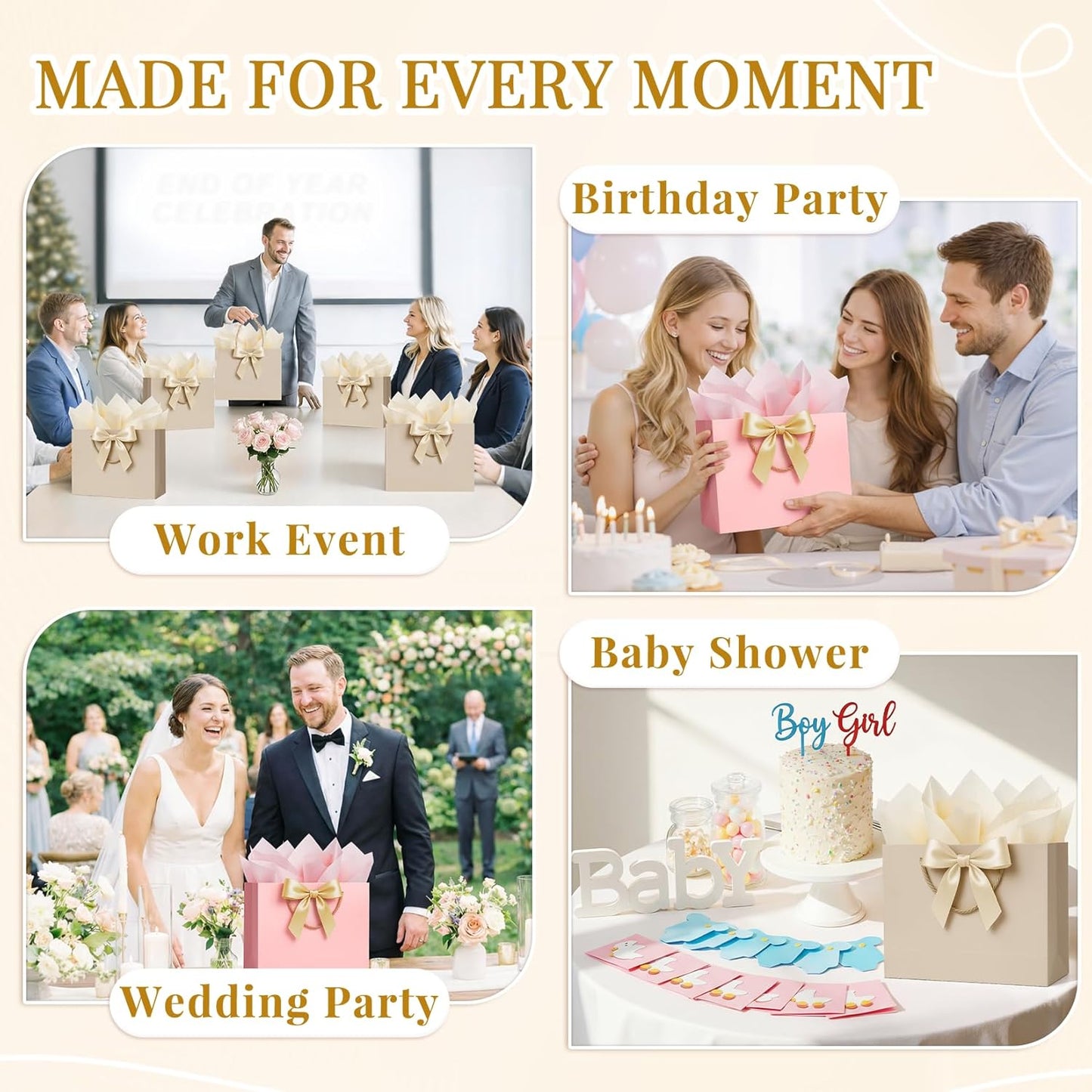 2PCS Gift Bags for Women Pink & Beige, Medium Gift Bags with Handles 4 Tissue Paper 2 Ribbons 2 Cards for Her Wedding Graduation Birthday Engagement Bridal Baby Shower Party Favors Presents