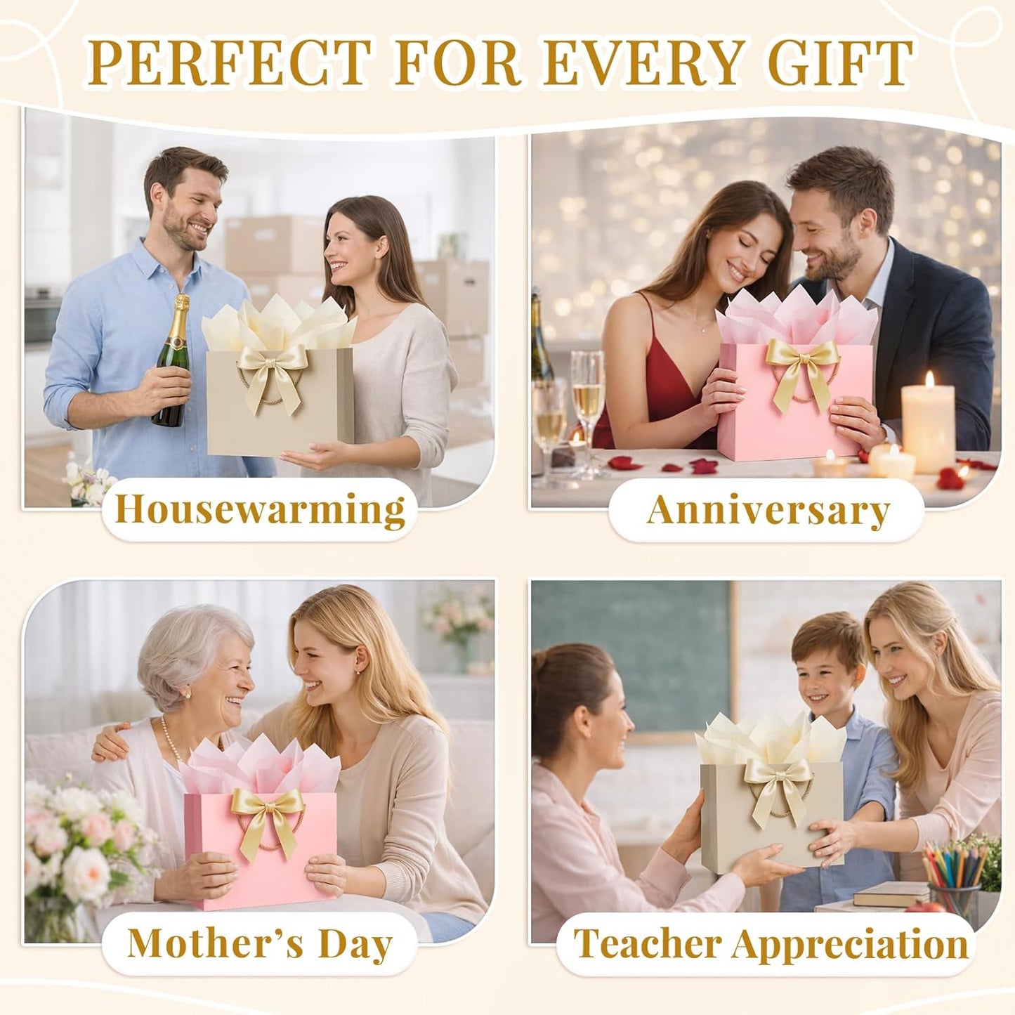 2PCS Gift Bags for Women Pink & Beige, Medium Gift Bags with Handles 4 Tissue Paper 2 Ribbons 2 Cards for Her Wedding Graduation Birthday Engagement Bridal Baby Shower Party Favors Presents