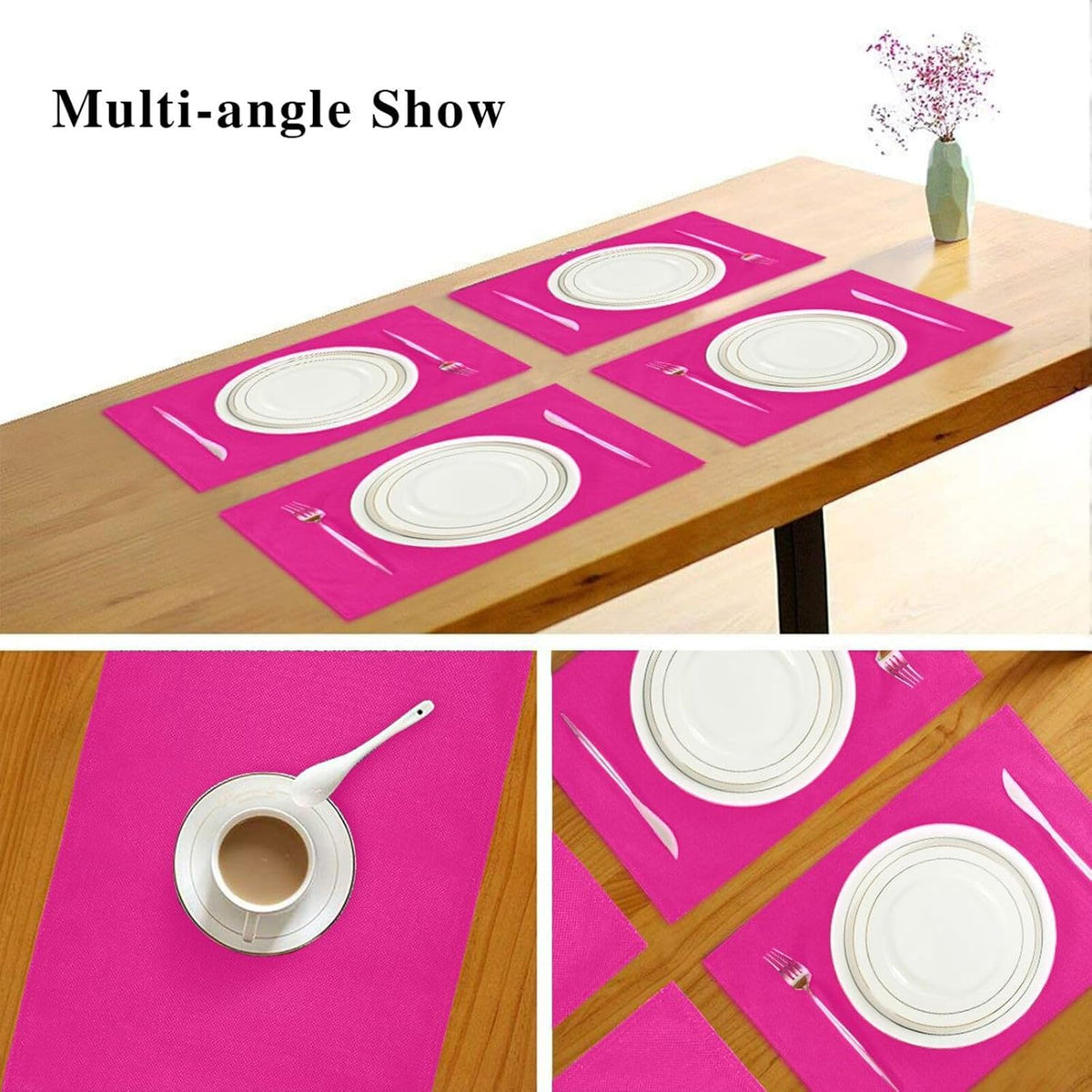 Plain Deep Pink Solid Color Placemats Set of 4, Non-Slip Washable Table Mats, Heat Resistant Placemats for Kitchen Dining Table Indoor Outdoor