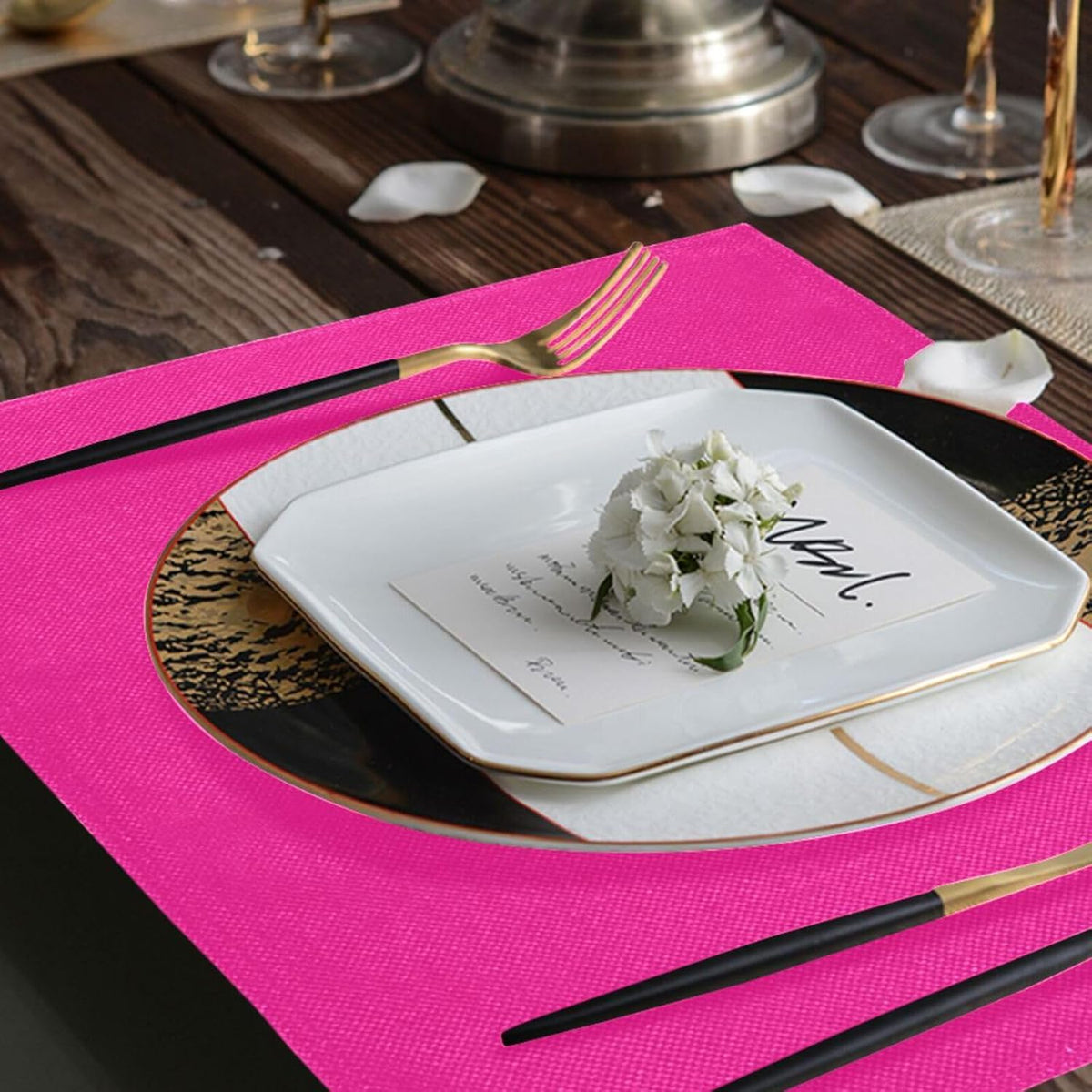 Plain Deep Pink Solid Color Placemats Set of 4, Non-Slip Washable Table Mats, Heat Resistant Placemats for Kitchen Dining Table Indoor Outdoor