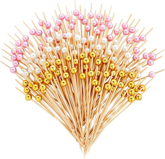 Bamboo Pearl Toothpicks - 4.7 in, 150 Count, White, Pink & Gold - Skewers for Appetizers & Mimosa Bar Supplies - Party & Catering Supplies