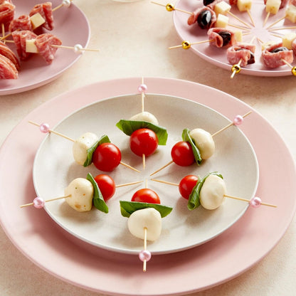 Bamboo Pearl Toothpicks - 4.7 in, 150 Count, White, Pink & Gold - Skewers for Appetizers & Mimosa Bar Supplies - Party & Catering Supplies