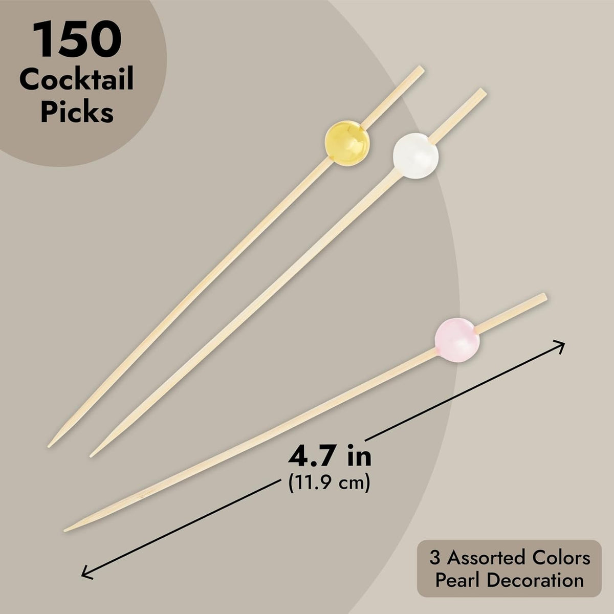 Bamboo Pearl Toothpicks - 4.7 in, 150 Count, White, Pink & Gold - Skewers for Appetizers & Mimosa Bar Supplies - Party & Catering Supplies