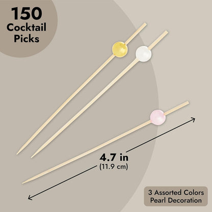 Bamboo Pearl Toothpicks - 4.7 in, 150 Count, White, Pink & Gold - Skewers for Appetizers & Mimosa Bar Supplies - Party & Catering Supplies